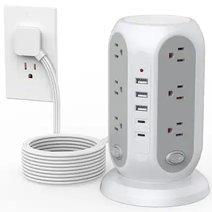 Front. Dazzed Corner - 15FT Power Strip Tower, 12 AC Outlets & 5 USB Ports with Surge Protection - White.
