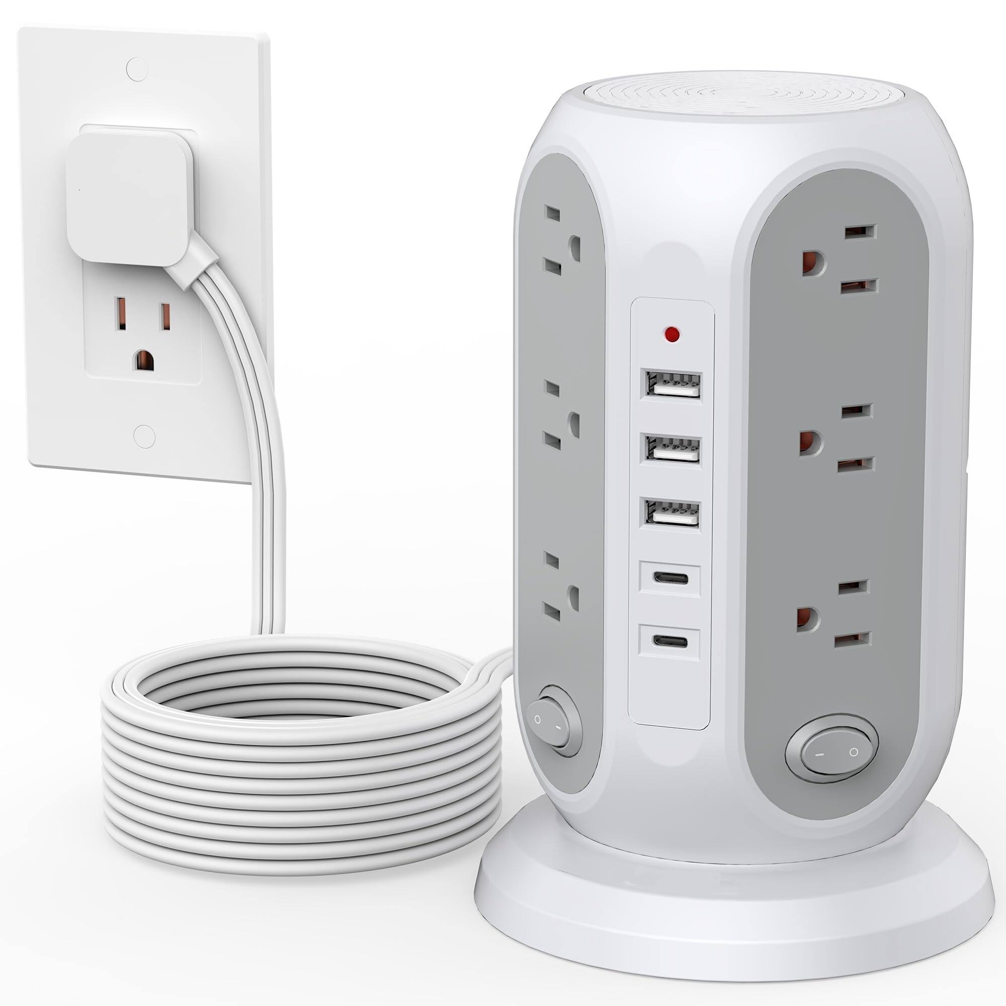 Dazzed Corner - 15FT Power Strip Tower, 12 AC Outlets & 5 USB Ports with Surge Protection - White