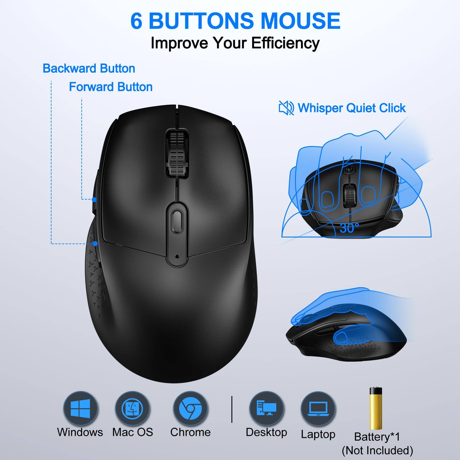 6 BUTTONS MOUSE  
Improve Your Efficiency  

Backward Button  
Forward Button  

Whisper Quiet Click  

Windows  
Mac OS  
Chrome  

Desktop  
Laptop  

Battery*1 (Not Included)