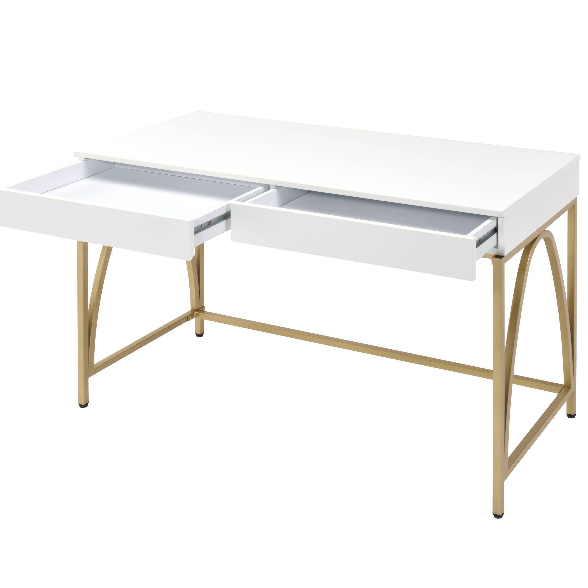 Alt View 2. GOODSILO - Contemporary Writing Desk with Metal Legs and Dual Storage Drawers for Home Office - Gloss White+Gold.