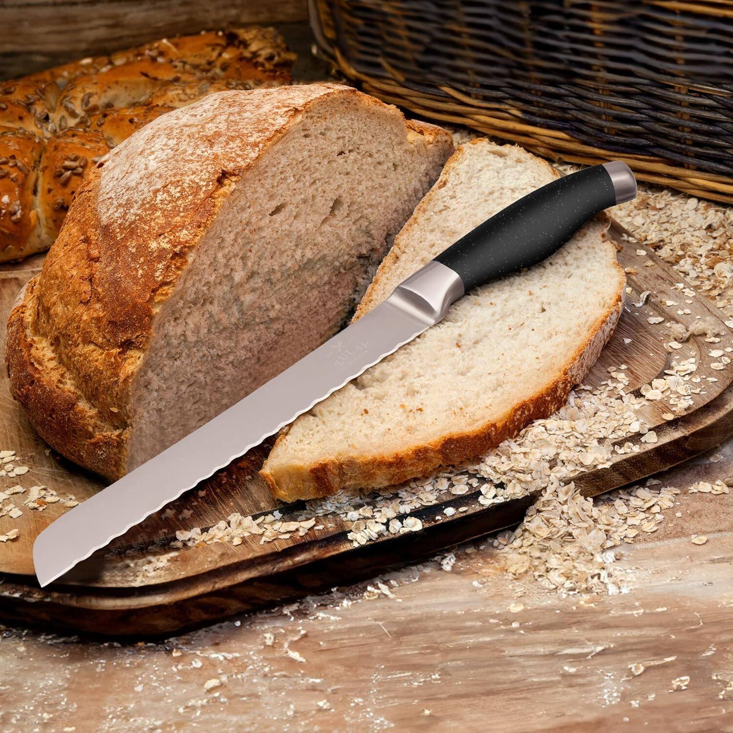 Angle. Zulay Kitchen - Zulay Kitchen Serrated Bread Knife - Ultra Sharp Stainless Steel Bread Knife for Homemade Bread, Cakes & Bagels - Black.