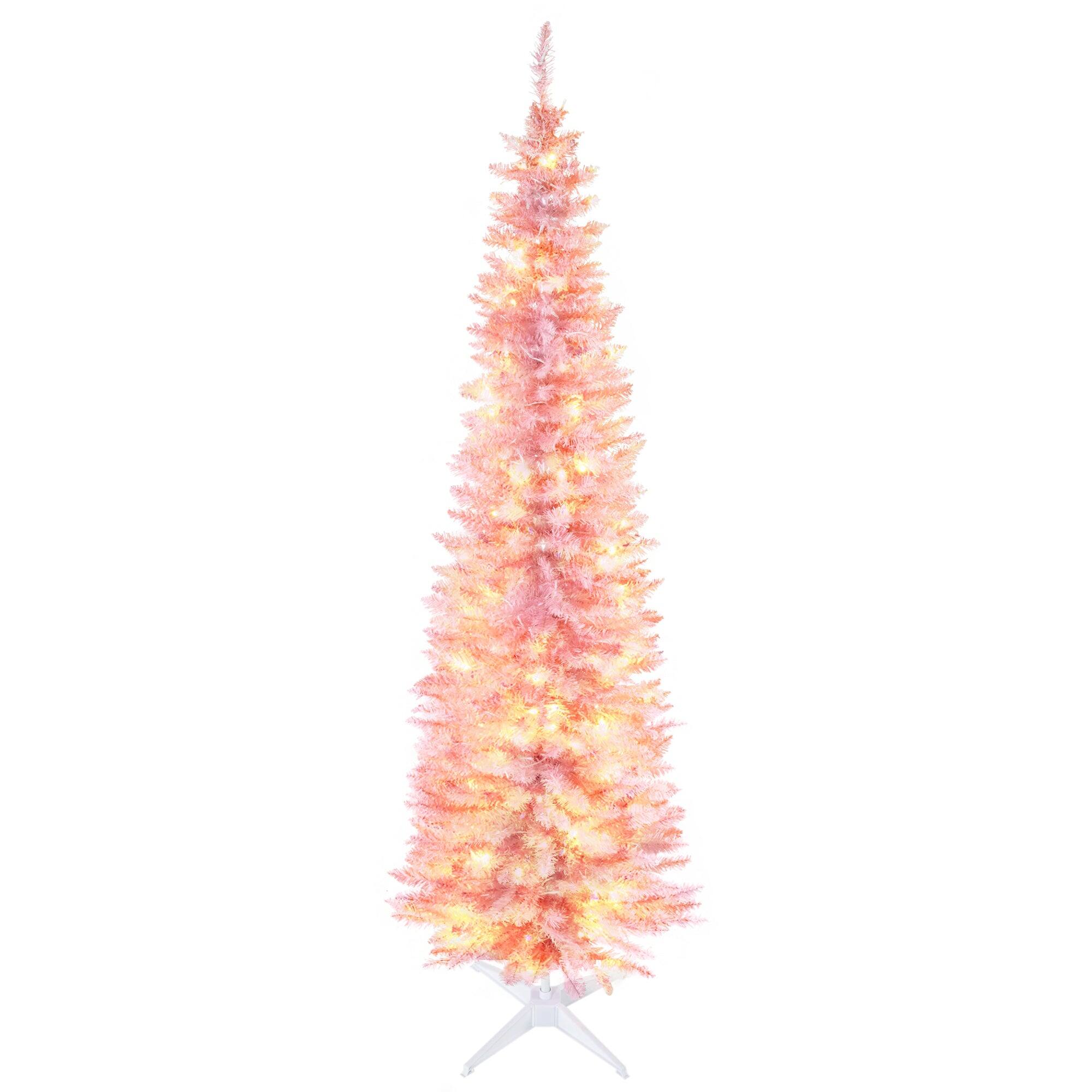 Alt View 1. Hivvago - 7 ft Tall Pre-Lit Slim Noble Fir Artificial Christmas Tree with 200 Warm White LED Lights and 499 Tips - Pink.