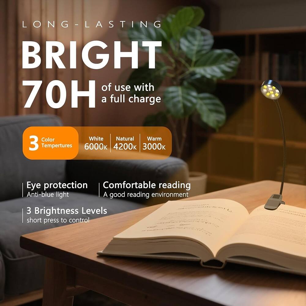 LONG-LASTING  
BRIGHT  
70H of use with a full charge  

3 Color Temperatures  
- White 6000K  
- Natural 4200K  
- Warm 3000K  

Eye protection  
- Anti-blue light  

Comfortable reading  
- A good reading environment  

3 Brightness Levels  
- Short press to control