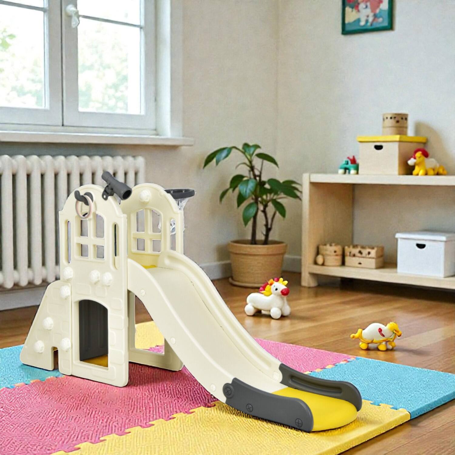 BreeBe - Multi-Activity Toddler Playset with Slide, Climber & Basketball Net - Yellow