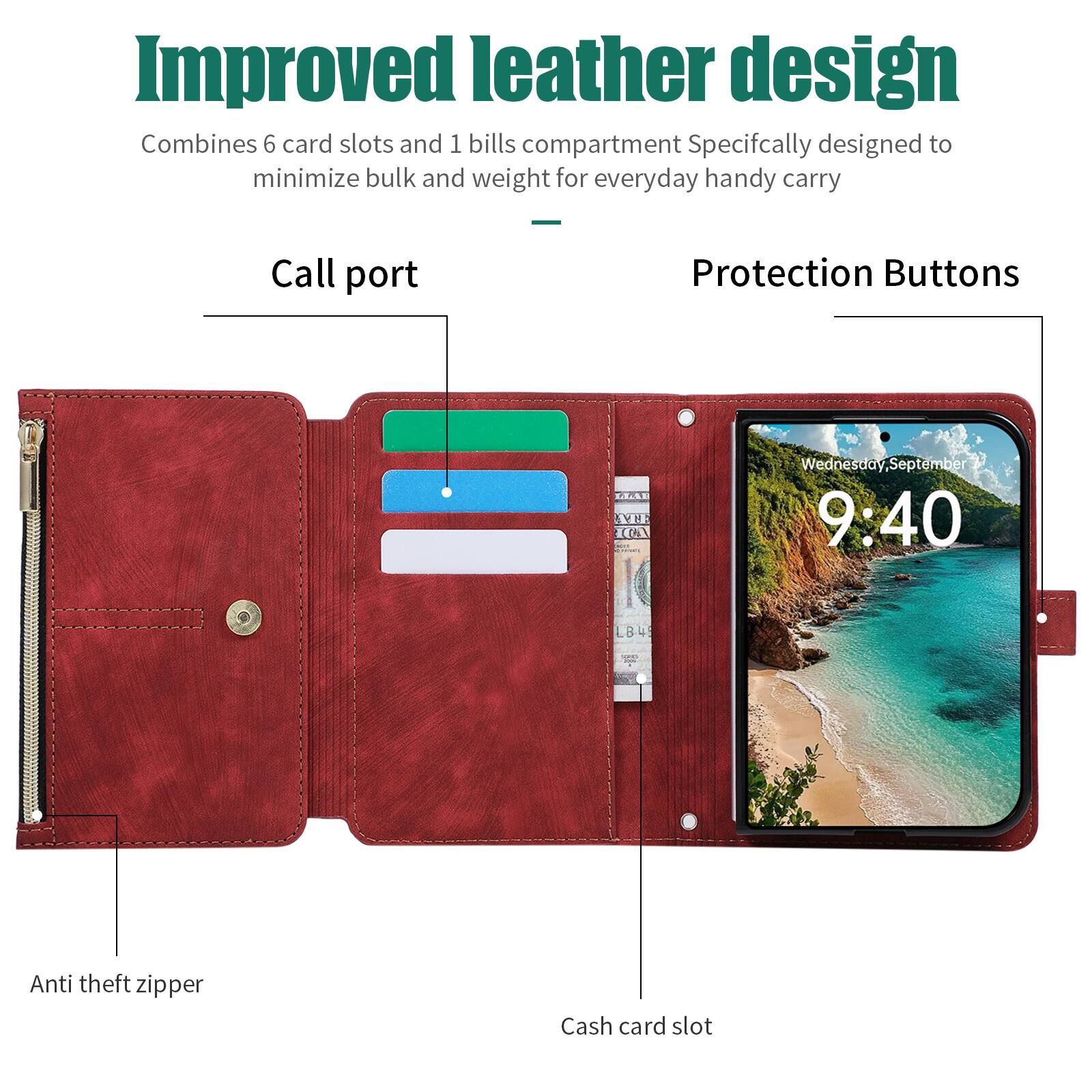 Improved leather design  
Combines 6 card slots and 1 bills compartment  
Specifically designed to minimize bulk and weight for everyday handy carry  

- Call port  
- Protection Buttons  
- Anti theft zipper  
- Cash card slot