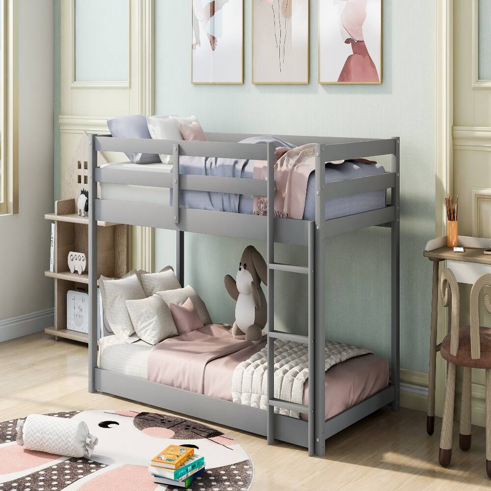 Left. Loheer - Loheer Twin Over Twin Floor Bunk Bed, Gray Solid Wood Low Bunk Bed with Ladder - Gray.