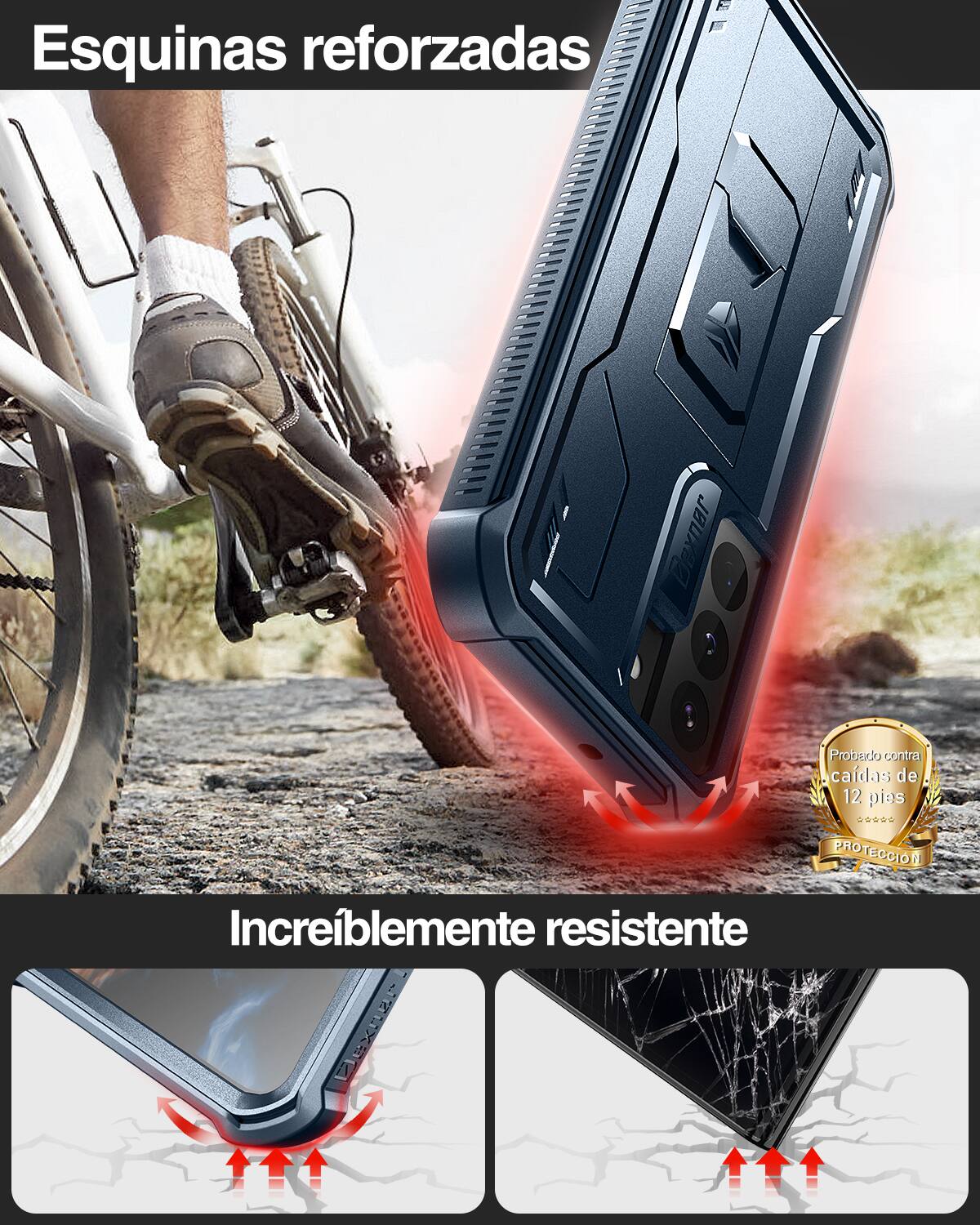 Esquinas reforzadas  
Probado contra caídas de 12 pies  
PROTECCIÓN  
Increíblemente resistente