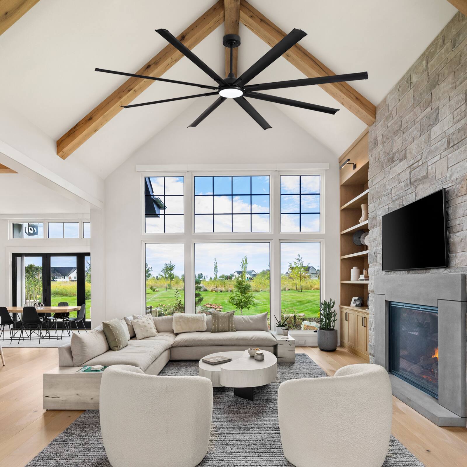 Left. Siljoy - 96 Inch Industrial Black Ceiling Fan with Integrated LED Light and Remote for Patio Kitchen Garage and Warehouse - Black.