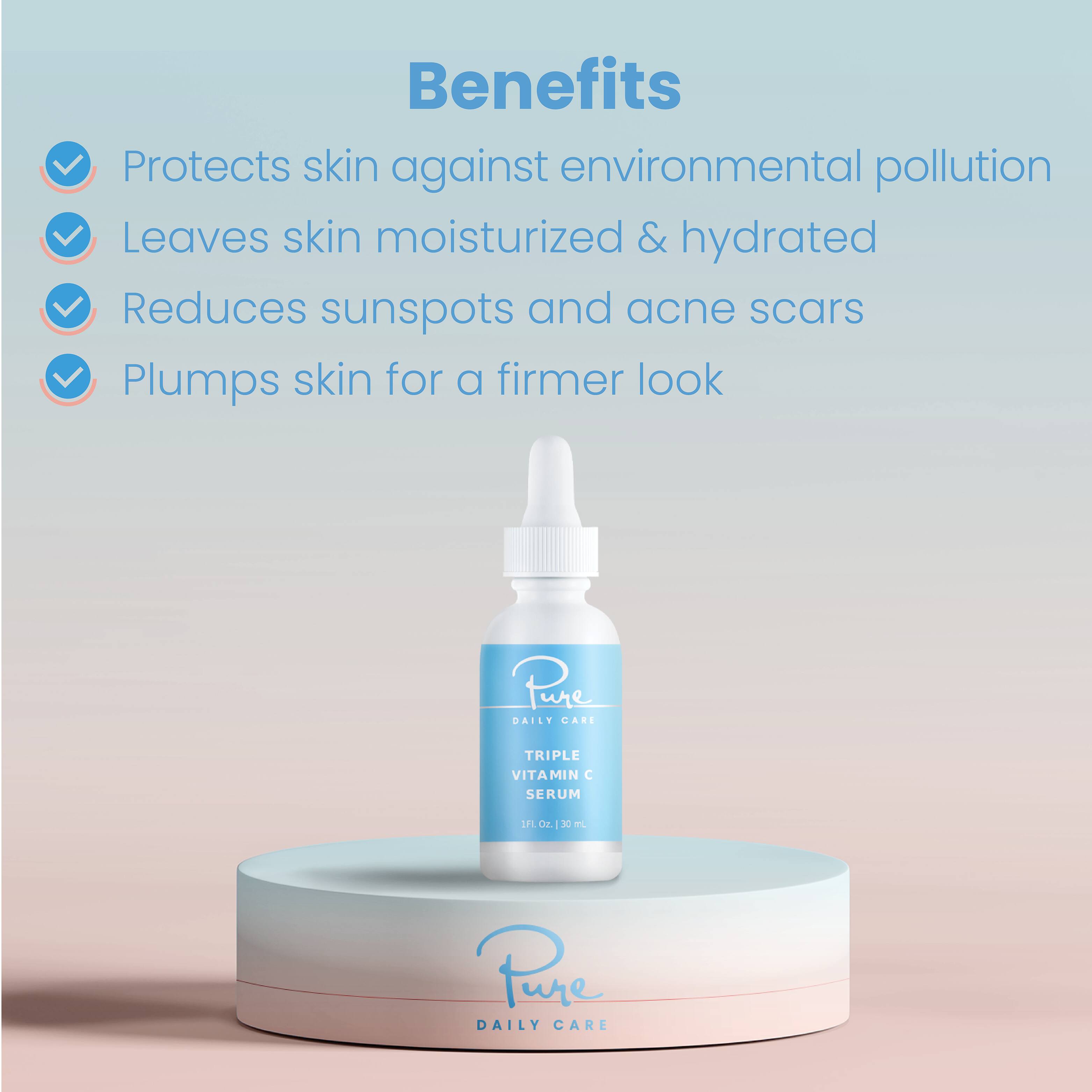 Benefits
- Protects skin against environmental pollution
- Leaves skin moisturized & hydrated
- Reduces sunspots and acne scars
- Plumps skin for a firmer look

Pare DAILY CARE
TRIPLE VITAMIN C SERUM
1FL Oz. 30 ml.
Pure DAILY CARE