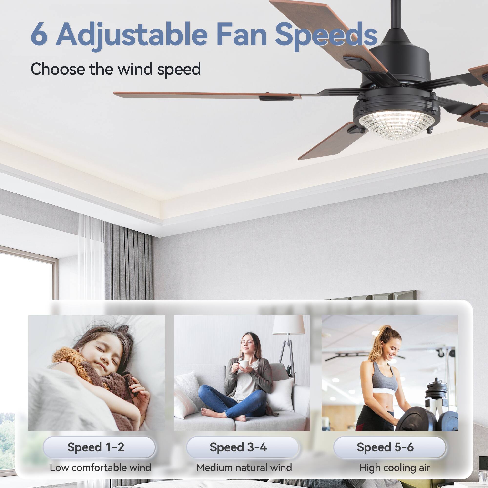 6 Adjustable Fan Speeds

Choose the wind speed

Speed 1-2 Low comfortable wind

Speed 3-4 Medium natural wind

Speed 5-6 High cooling air