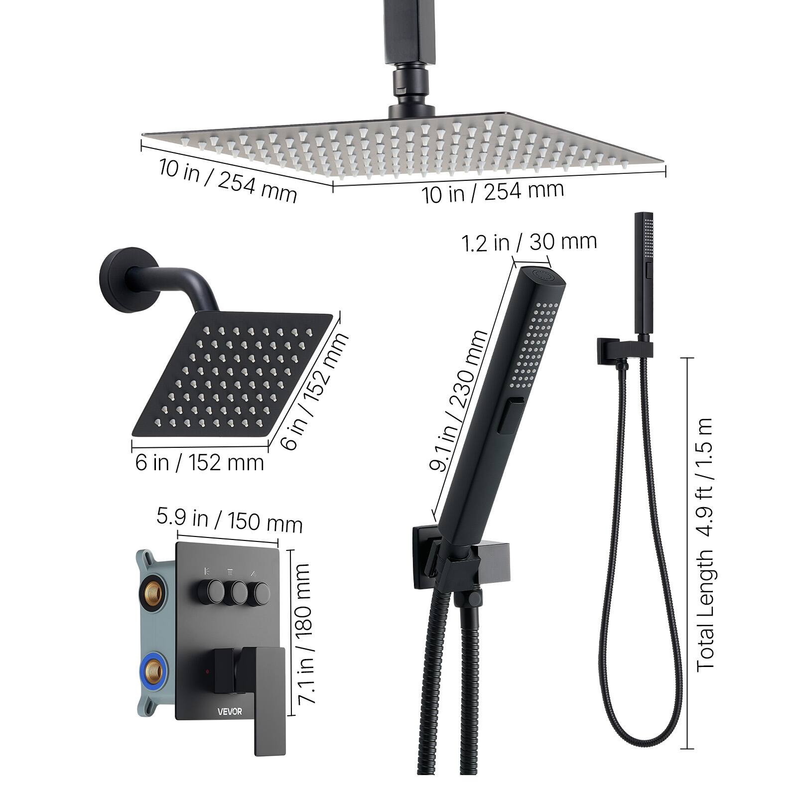 - 10 in / 254 mm
- 1.2 in / 30 mm
- 6 in / 152 mm
- 5.9 in / 150 mm
- 7.1 in / 180 mm
- 9.1 in / 230 mm
- Total Length: 4.9 ft / 1.5 m
