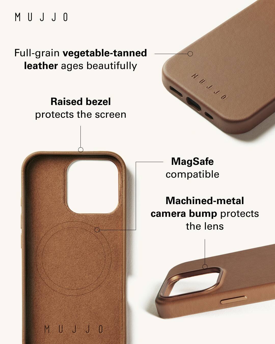 Mujjo is a full-grain vegetable-tanned leather that ages beautifully. The raised bezel protects the screen, while the MagSafe compatibility ensures that it can be easily attached to a phone. The machined-metal camera bump protects the lens, making it a practical and stylish accessory for any phone.