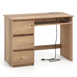 Ecooso - Computer Desk with Power Outlet, Keyboard Tray and 3 Large Drawers for Home Office Setup - Natural