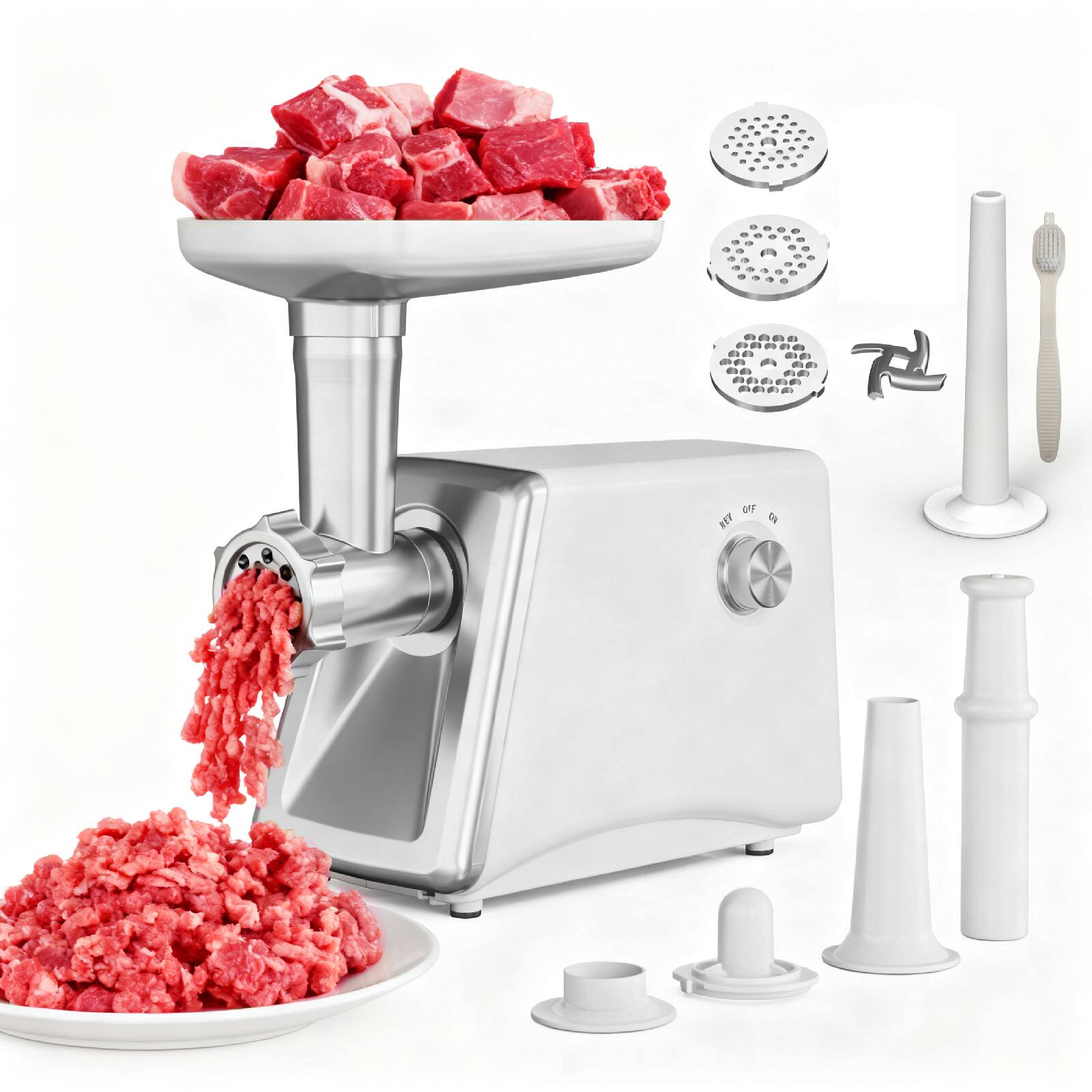 Alt View 8. Sugift - 1200W Electric Meat Grinder with Sausage Tubes, Kibbe Kit, and Cleaning Brush - White.