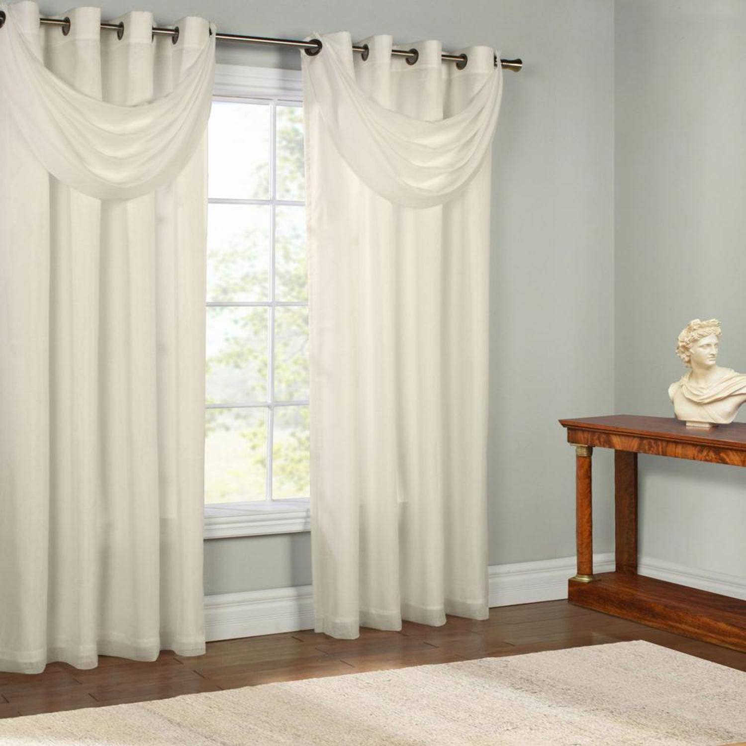 Front. Commonwealth Home Fashions - Commonwealth Thermavoile Rhapsody Lined Grommet Ascot Valance - 36x19" - Ivory - Ivory.