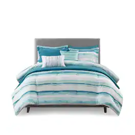Gracie Mills - Javier 8-Piece Tranquil Seersucker Stripe Comforter and Quilt Set Collection - Aqua