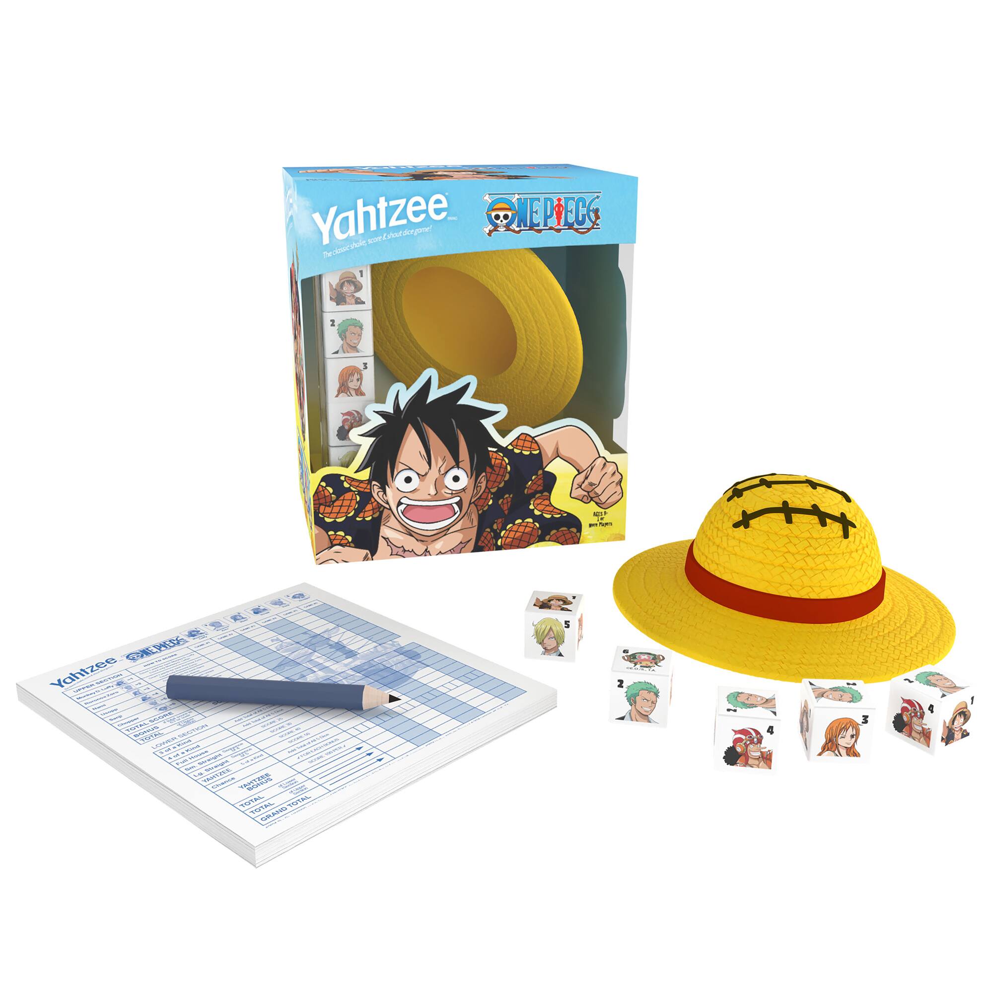 Yahtzee is a game that comes with a hat, a box, and a sheet of paper. The box contains a game board, a die, and instructions. The hat is a yellow and white baseball cap. The sheet of paper is likely used for keeping track of the game's progress.
