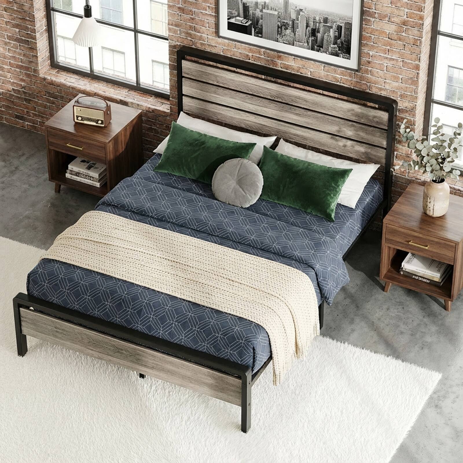 Alt View 8. Winado - Full Size Platform Bed Frame with LED Headboard, USB Charging Station, Metal Panel Bed with 12" Under Bed Storage Space - Gray.