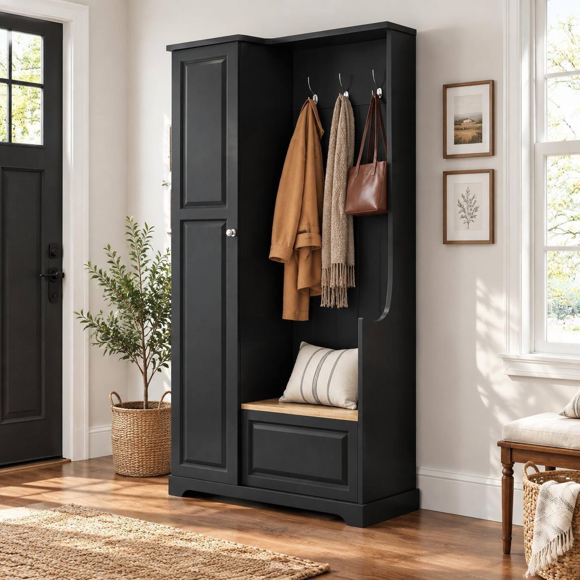 Angle. RYHNUYNE - Black Hall Tree, Flip-Up Bench, 4 Shelves, 3 Hooks, MDF, Particle Board, 70.35 in Tall, Entryway and Mudroom Storage - Black.