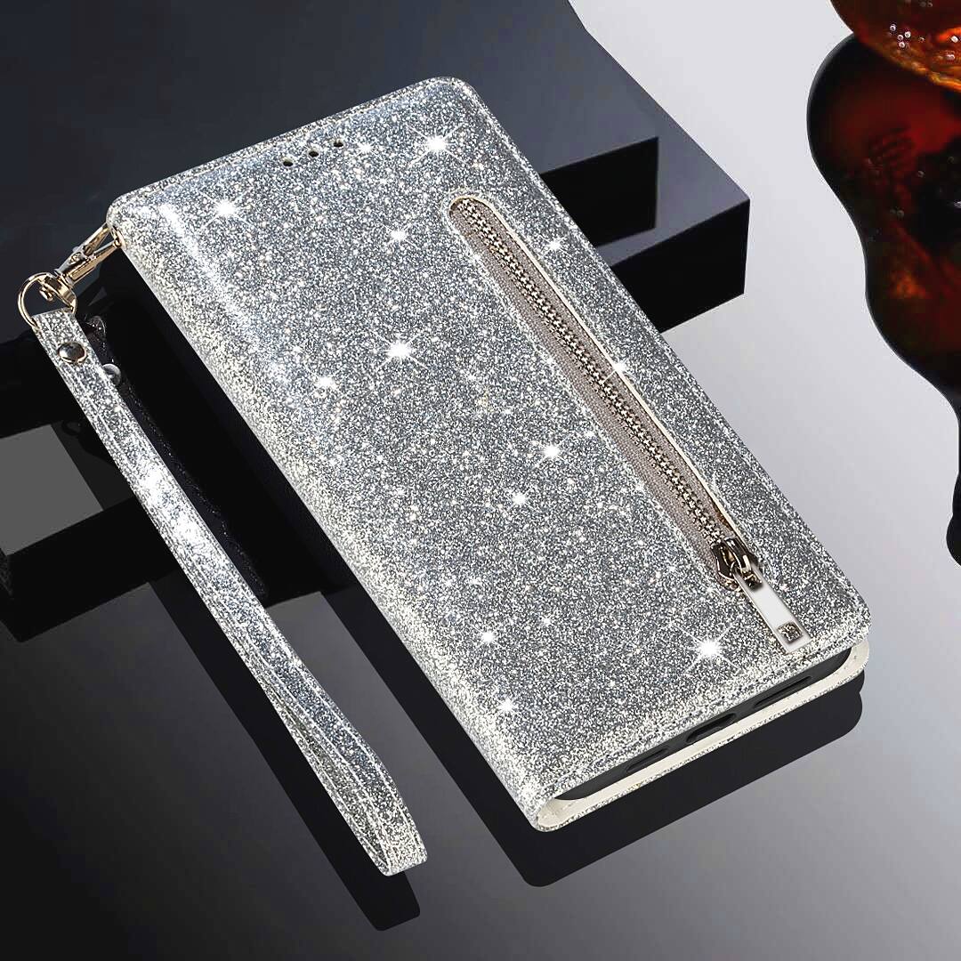 Alt View 3. Dteck - Glitter Zipper Wallet Case for Samsung Galaxy A37 Card Holder Wrist Strap Shockproof PU Leather Cover - Silver.
