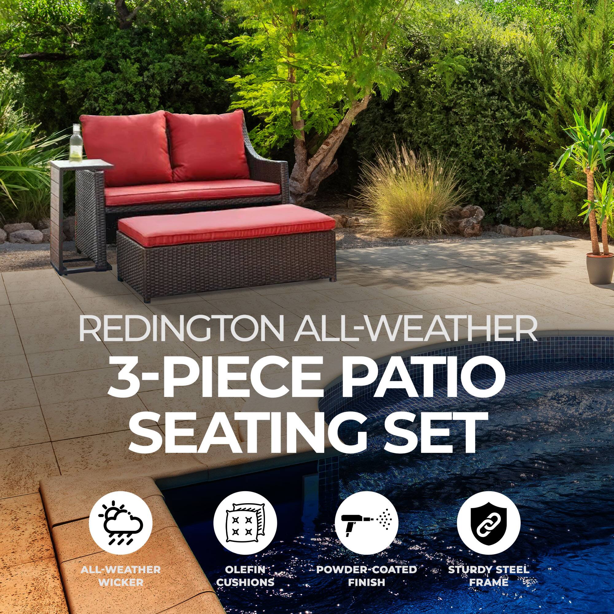 REDINGTON ALL-WEATHER 3-PIECE PATIO SEATING SET

- ALL-WEATHER WICKER
- OLEFIN CUSHIONS
- POWDER-COATED FINISH
- STURDY STEEL FRAME