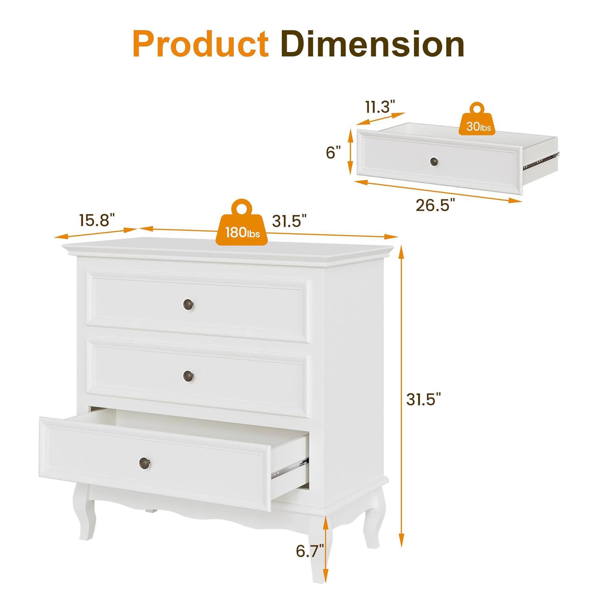 Product Dimension  
11.3" x 6" x 26.5"  
15.8" x 31.5" x 31.5"  
6.7"  
30lbs  
180lbs