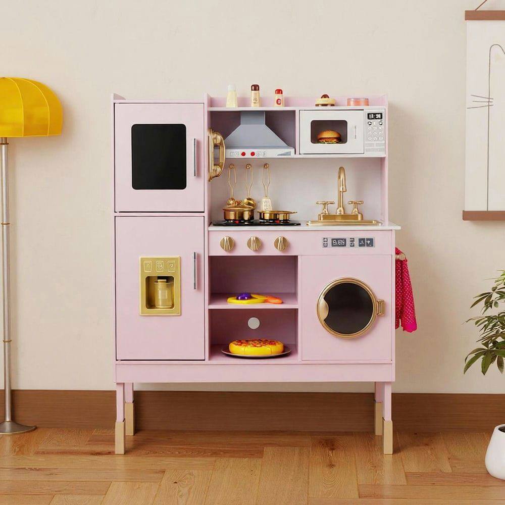 Alt View 5. Resenkos - Pretend Play Kitchen with Range Hood, Ice Maker & Phone - Interactive Kitchen Toy - Light Pink.