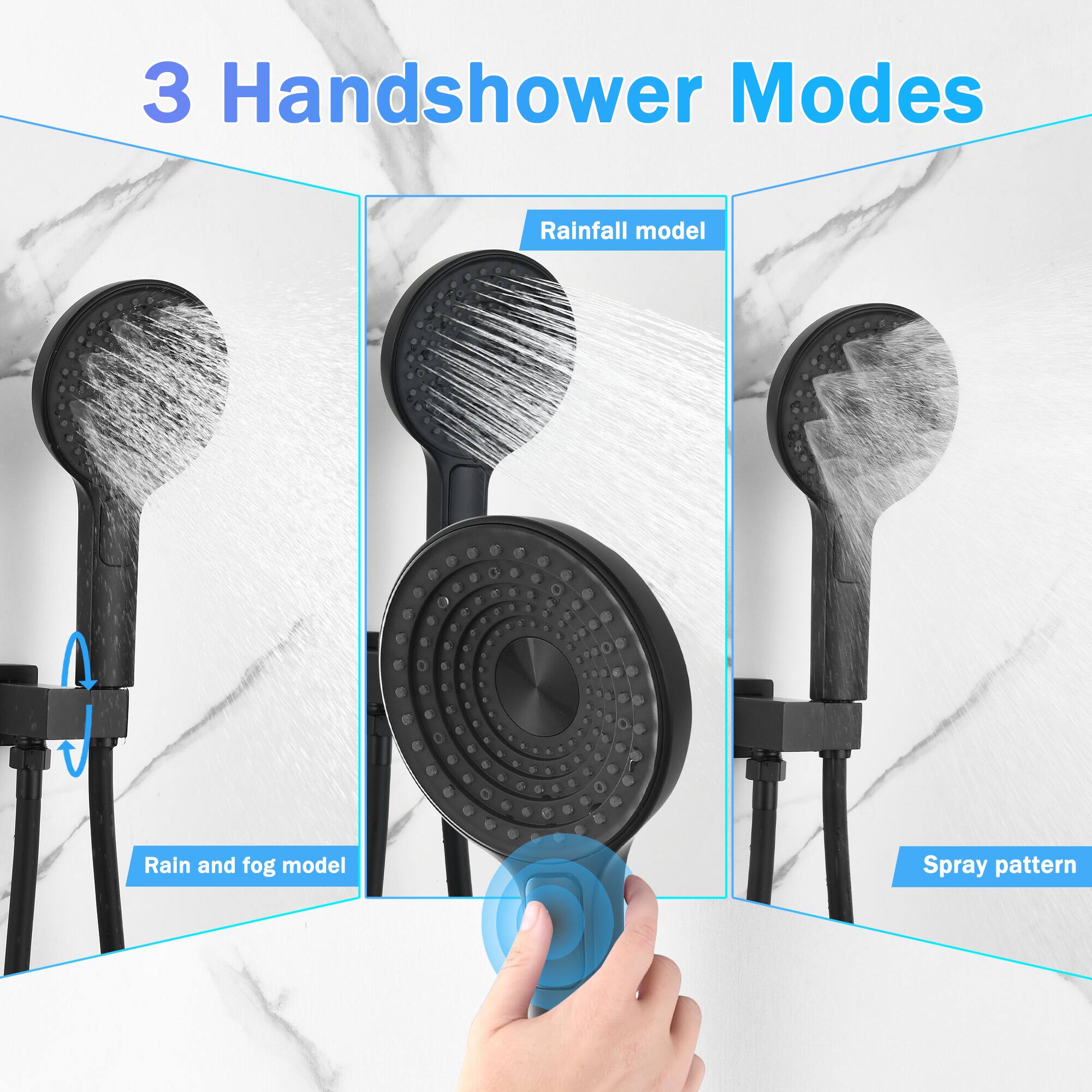 3 Handshower Modes

- Rainfall model
- Rain and fog model
- Spray pattern