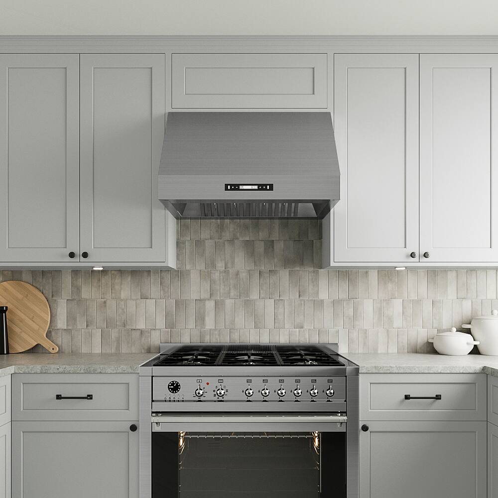 Left. Streamline - 30 in. Gattola Ducted Undermount 406 CFM Range Hood, Baffle Filters, Touchpad Control, LED Lights - Brushed Stainless Steel.