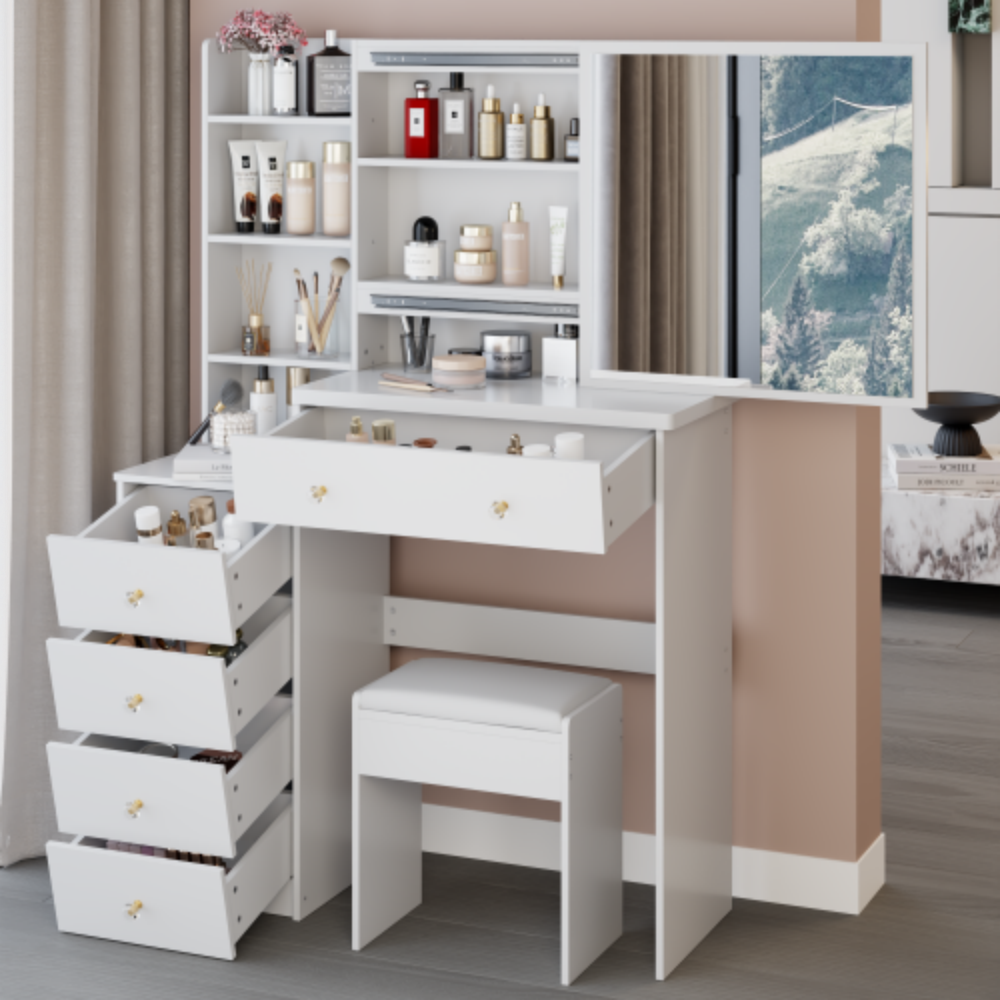 Angle. LUCKY ONE - 37in Freestanding Vanity Set with Sliding Mirror, Stool and Multi-Layer Storage for Bedroom - White.