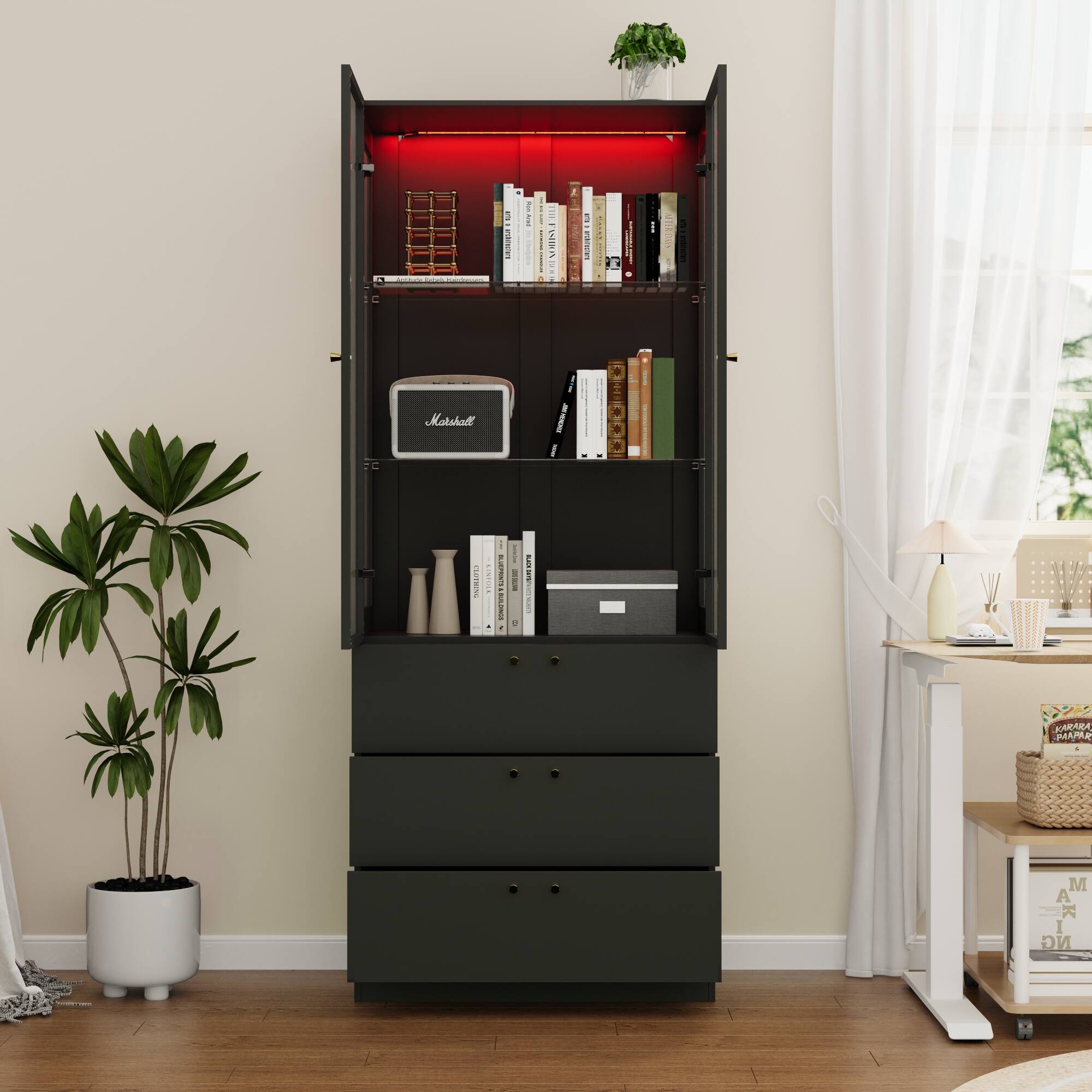 Famapy - Multi-Functional Display Storage Cabinet with Glass Doors, LED Lighting, Adjustable Shelves and Drawers - Black