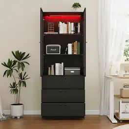 Famapy - Multi-Functional Display Storage Cabinet with Glass Doors, LED Lighting, Adjustable Shelves and Drawers - Black