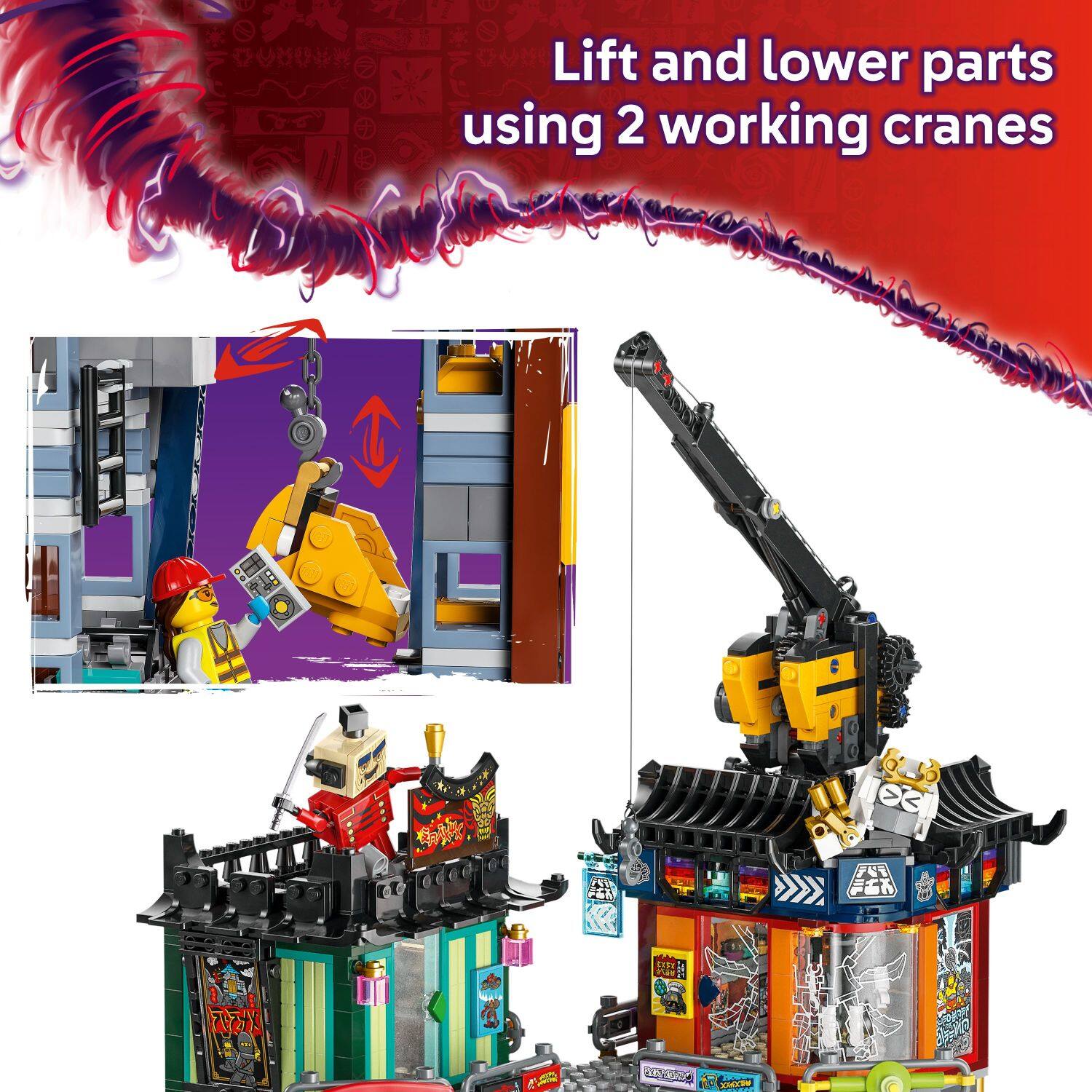 Lift and lower parts using 2 working cranes