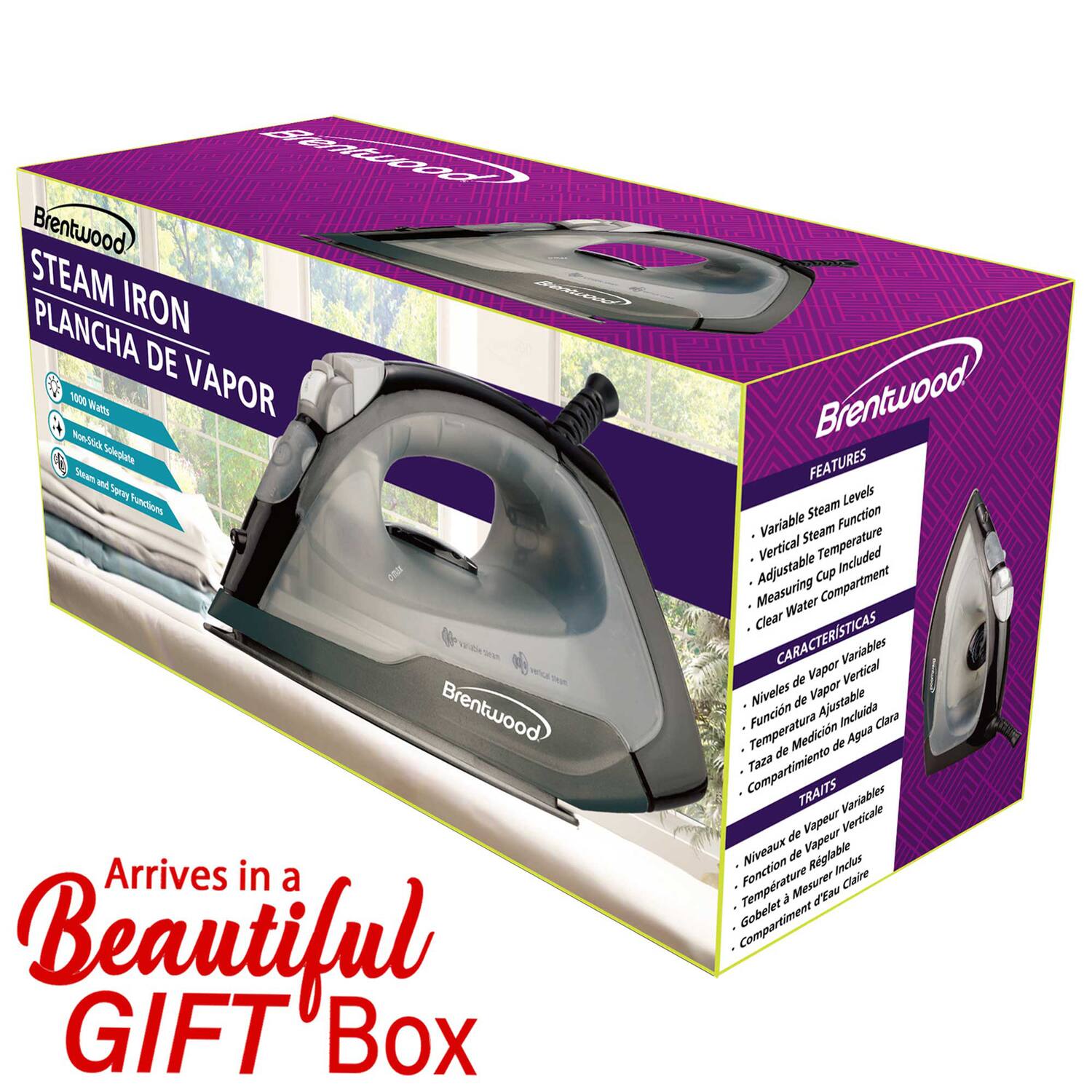 5e10od Brentwood STEAM IRON  
PLANCHa DE 1000 Wamhs VAPOR 1 Nos/ Vd Voeqata Seam Md Voreg rubdines Brentwood  
Arrives in a Beautiful GIFT Box  
Brentwood FEATURES  
Levels Steam Function Variable Steam Vertical Temperature Included Adjustable Cup Compartment Measuring Water Clear  
CARACTERISTICAS  
Variabiles de Vapor Vertical Niveles de Vapor Ajustable Funcin Incluido Clara Temperatura de Medicin de Agua Compartimiento Taza  
TRAITS  
Variables Vapeur Verticale de Vapeur Niveaux de Rgiable inclus Temprature Fonction Mesurer Claire a d'Tau Compartiment Gobelet