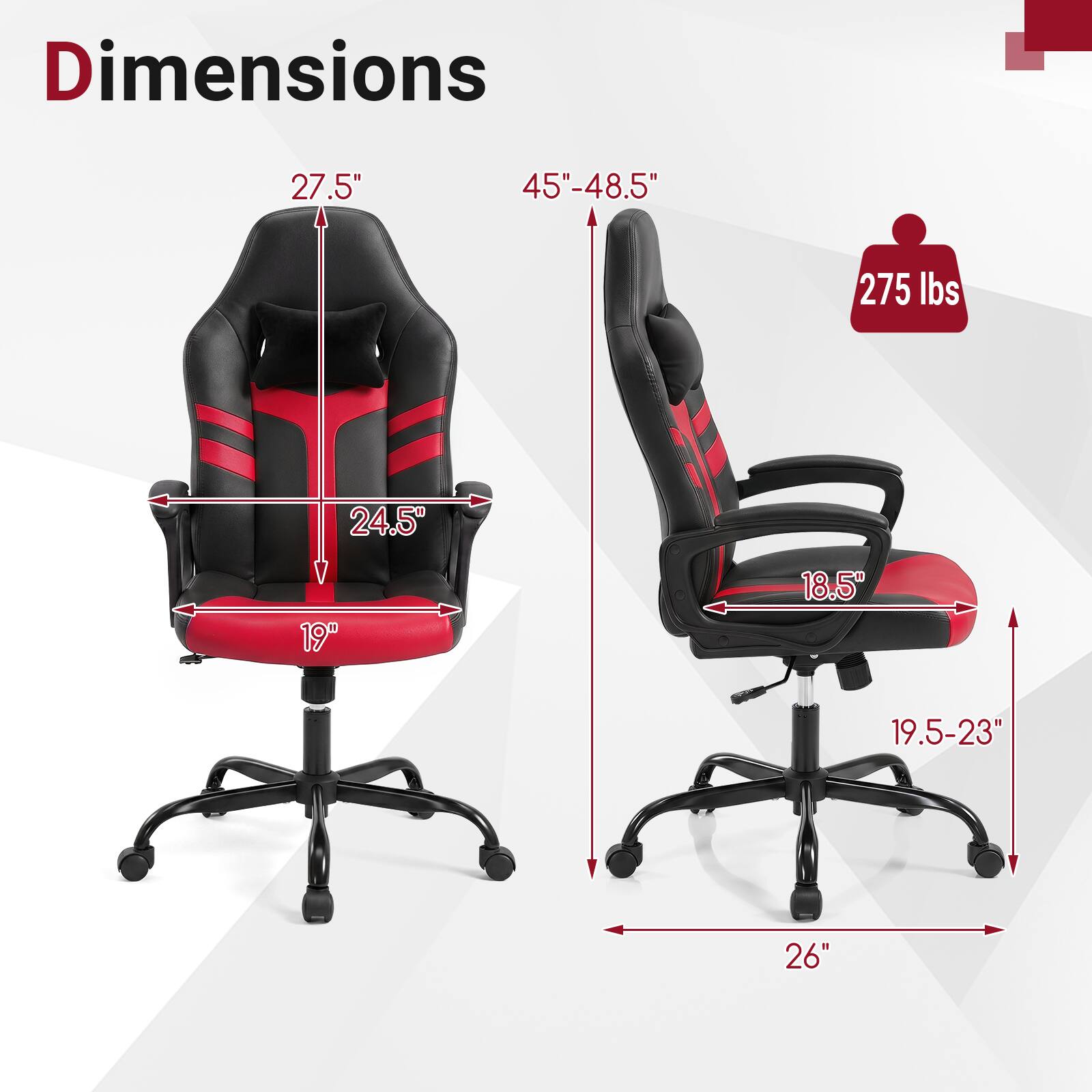 Dimensions: 27.5" x 45"-48.5" x 275 lbs, 24.5" x 19" x 18.5" x 19.5-23" x 26"