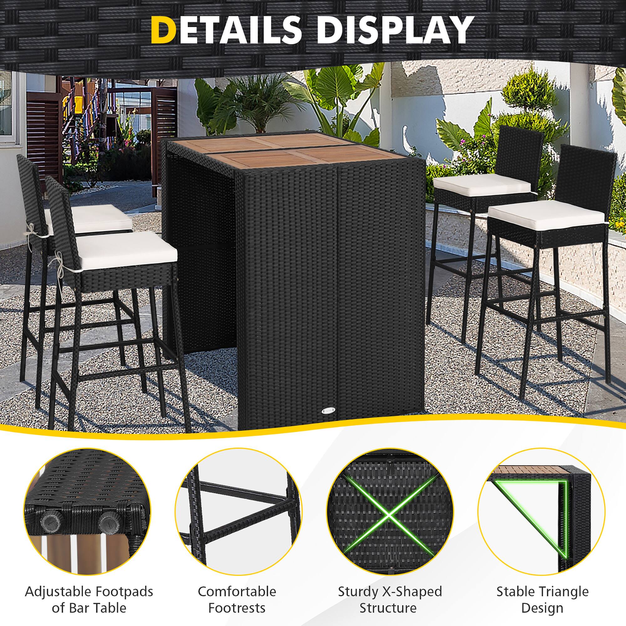 DETAILS DISPLAY

- Adjustable Footpads of Bar Table
- Comfortable Footrests
- Sturdy X-Shaped Structure
- Stable Triangle Design