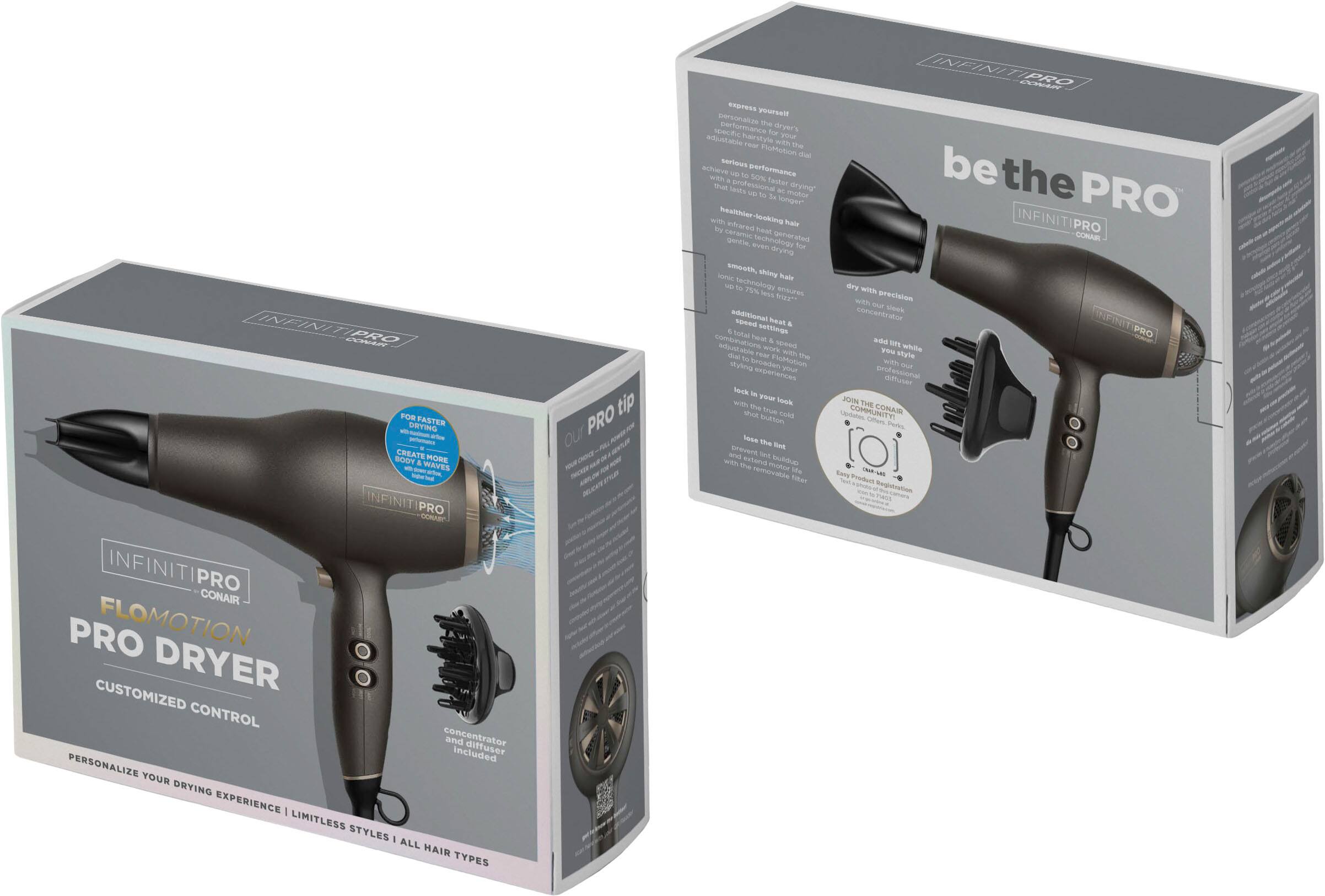 The text on the image reads: "INFINITIPRO by Conair PRO FLOMOTION DRYER CUSTOMIZED CONTROL concentrator and Included diffuser PERSONALIZE YOUR ORYING EXPERIENCE LIMITLESS STYLES: ALL HAIR TYPES to achieve professional results 50% faster with that leads to professional quality hair - a longer* motor body the PRO Dryer with boosting hair INFINITIPRO teared heal generator technology for Orying smooth, shiny silky hair - technology 15 75% faster drying with JSS Srazgt precision with MLT concentrator snek additional 10ood heat NFINIT a E sa eetlinas PRO combinations & add BP wIr speed while rear wt you style A SuMotion the Mia rceden with - experiences your Pessiomal affuser Sevlk in - look JON with the THE shot thu cald COMMUNITY COMA buitton SAL u bose the Reh [0] srs prev."