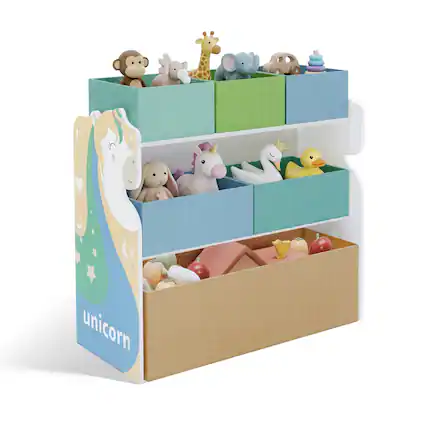 Front. Malletson - Kids Toy Storage Organizer with Fabric Bins, 3-Tier Children’s Toy Shelf with Unicorn Side Panels for Playroom, Bedroom - Multicolor.