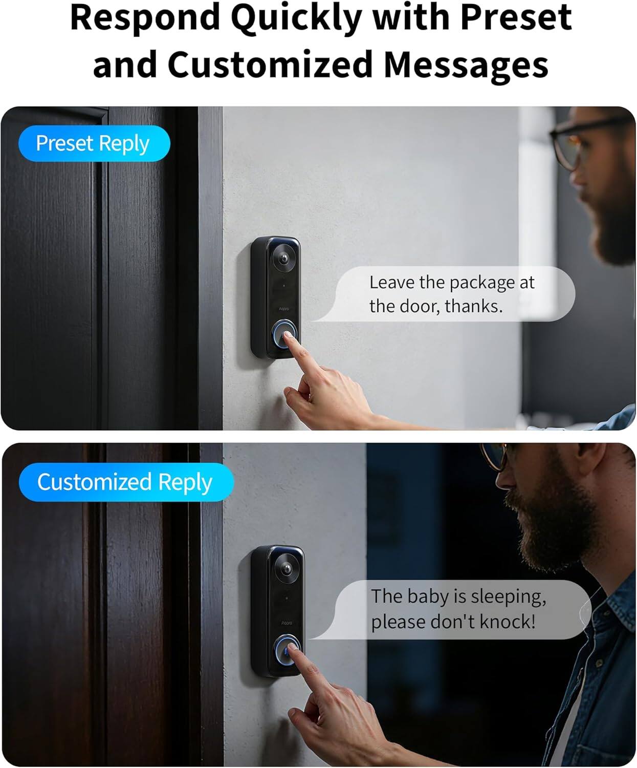 Respond Quickly with Preset and Customized Messages

Preset Reply  
Leave the package at the door, thanks.

Customized Reply  
The baby is sleeping, please don't knock!