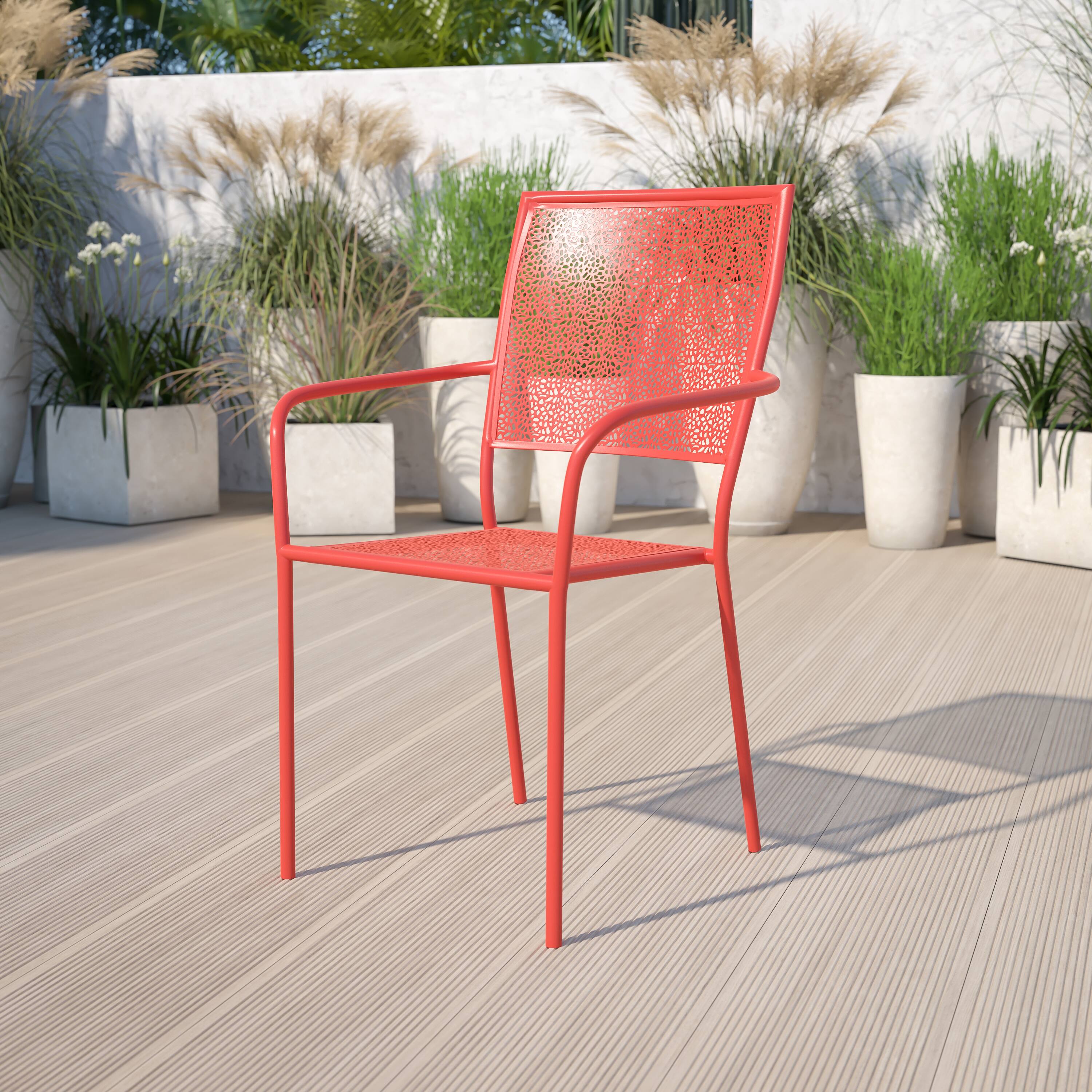 Alt View 1. Emma + Oliver - Commercial Grade Colorful Metal Patio Arm Chair with Square Back - Coral.