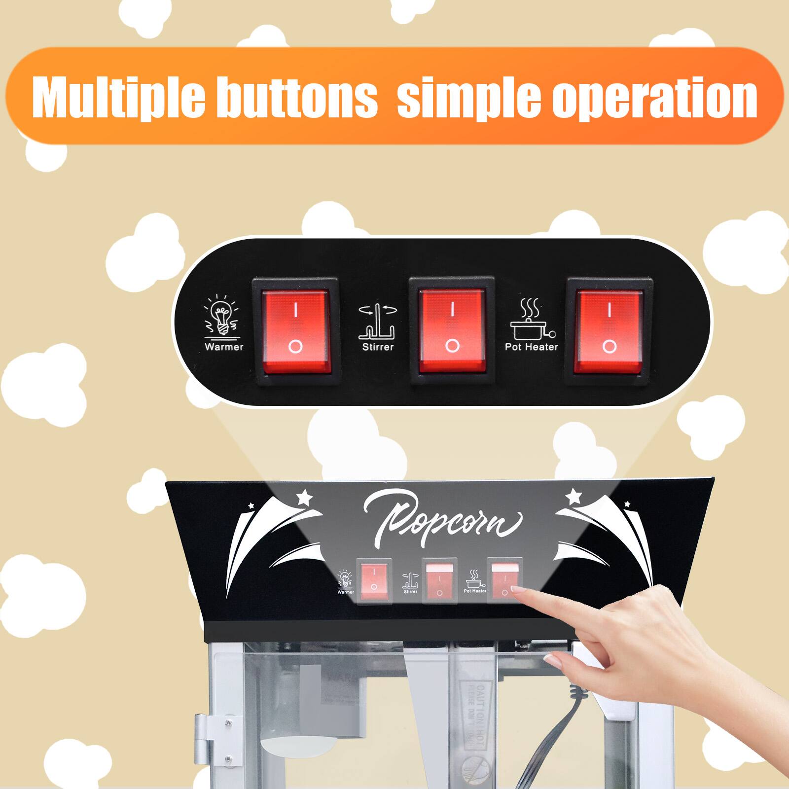 Multiple buttons simple operation

Warmer I O Stirrer I O Pot Heater I O Popcorn I 56 LT ESE CAUT