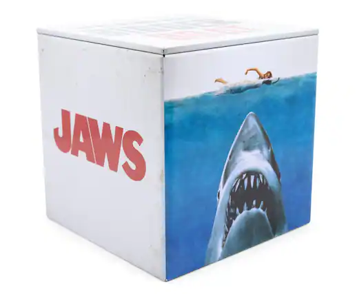 Front. Ukonic - JAWS Logo Tin Storage Box Cube Organizer with Lid | 4 Inches - Blue.