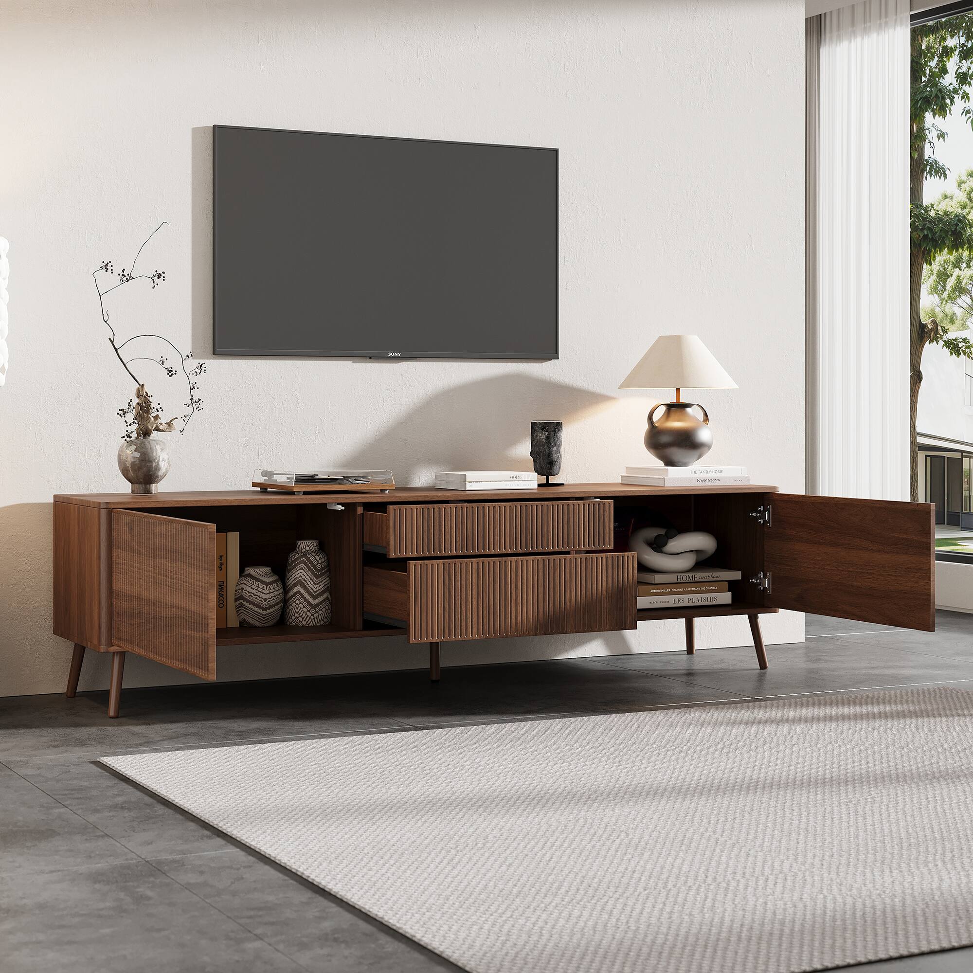 MERAVOM Fluted TV Stand with Storage Drawers and Cabinets for TVs up to ...