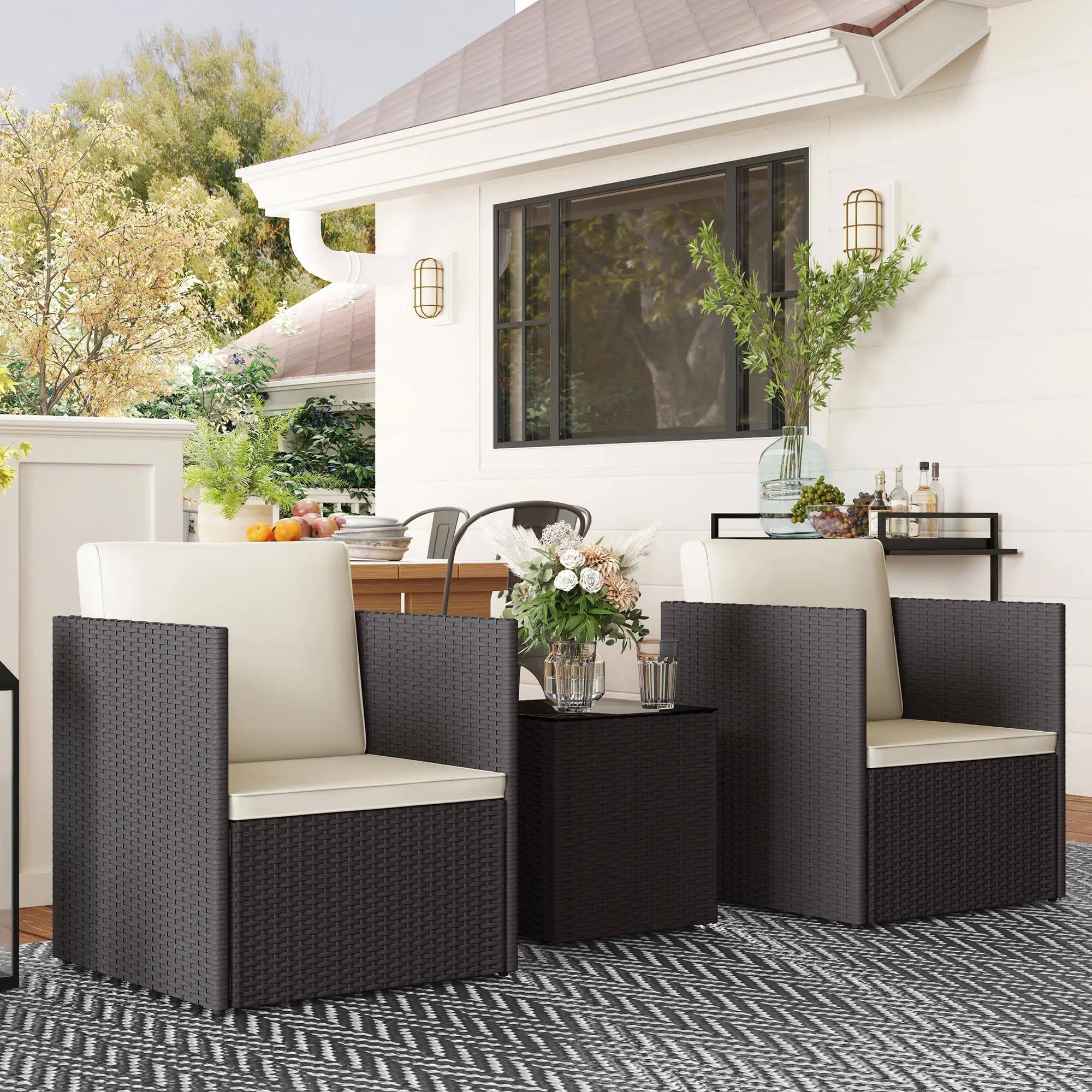 Back. Resenkos - Resenkos Folding Wicker Bistro Set, Cushions and Glass Coffee Table for Porch, Balcony, Brown - Brown.