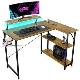 GTPlayer - 42" Wide L-Shaped Gaming Desk with Power Outlets LED Lights and Reversible Storage Shelves & Hooks &Cup Holder - Wood