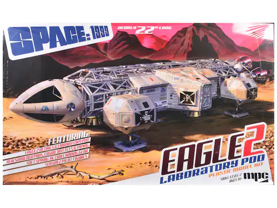 SPACE: 1999
NEARLY 22" LONG
FEATURING:
EAGLE 2 DETAILS & LABORATORY POD
NEW SHOULDER PODS, ENGINE BOTTLES & PIPING
SOFT SPRING-ACTION LANDING GEAR
SEASON 2 PILOT FIGURES
EAGLE 2
LABORATORY POD
PLASTIC MODEL KIT
SKILL LEVEL 2
AGES 10+
mpc