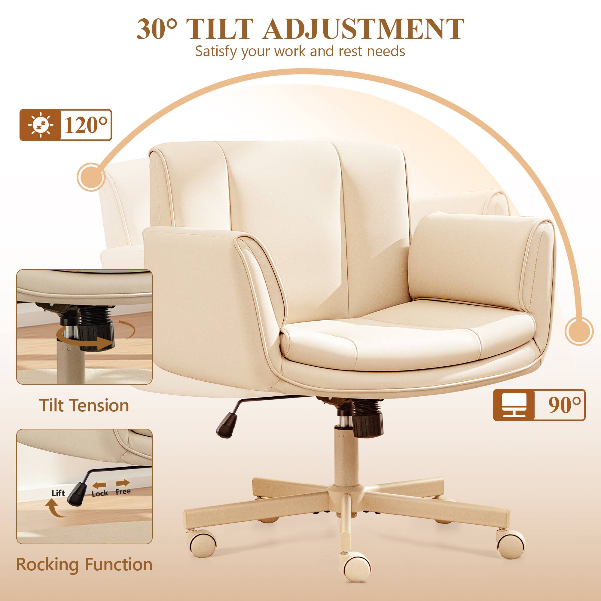 30° TILT ADJUSTMENT  
Satisfy your work and rest needs  

120° Tilt Tension  
90° Lift Lock Free Rocking Function