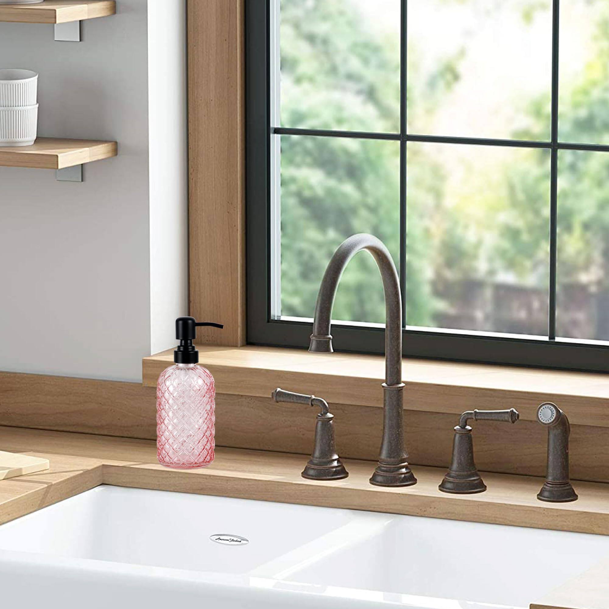 Alt View 4. Dapper Styles - Glass Soap Dispenser With 304 Rustproof Stainless Pump Refillable For Kitchen Bathroom Farmhouse - Pink-2pack& Tray.