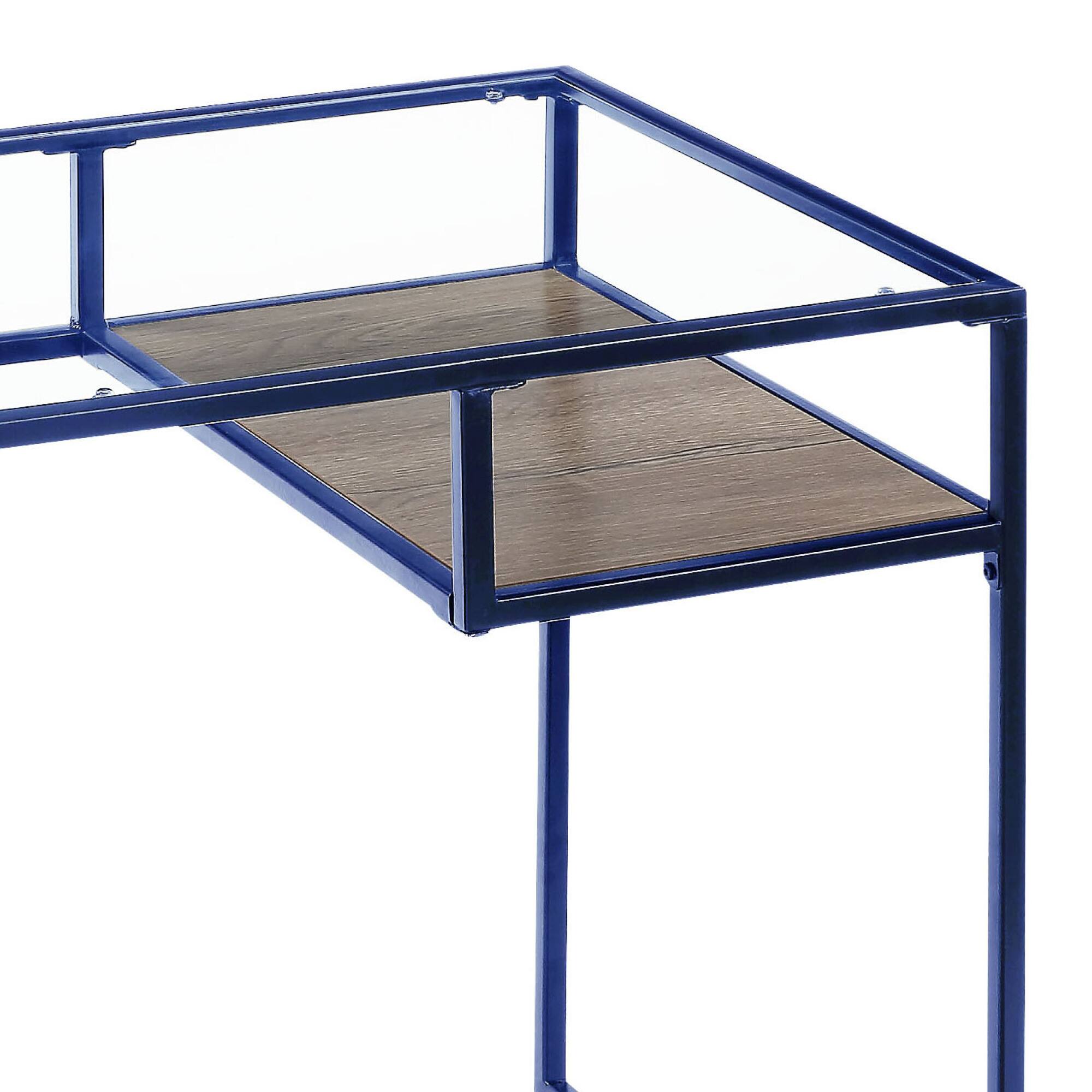 Left. GOODSILO - Contemporary Glass Top Writing Desk and Storage Shelf for Modern Home Office Workspace - Blue.