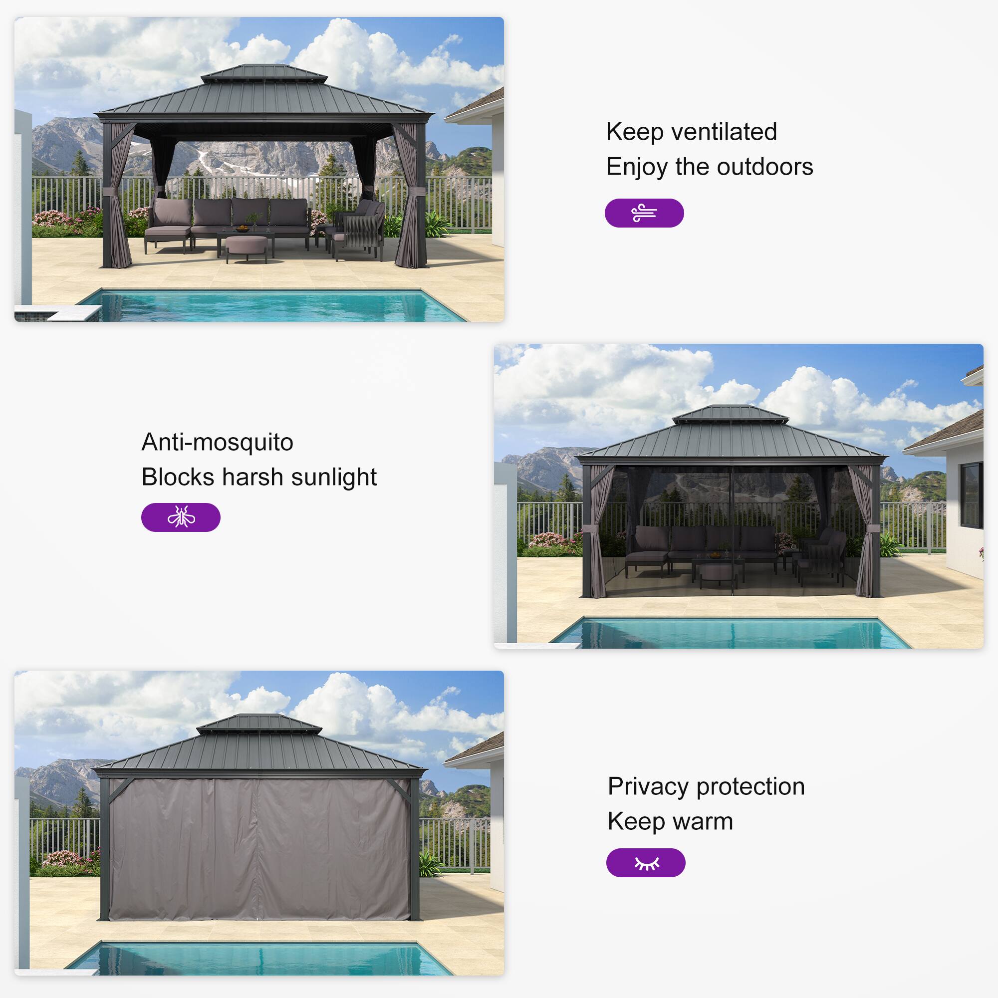 - Keep ventilated
- Enjoy the outdoors

- Anti-mosquito
- Blocks harsh sunlight

- Privacy protection
- Keep warm